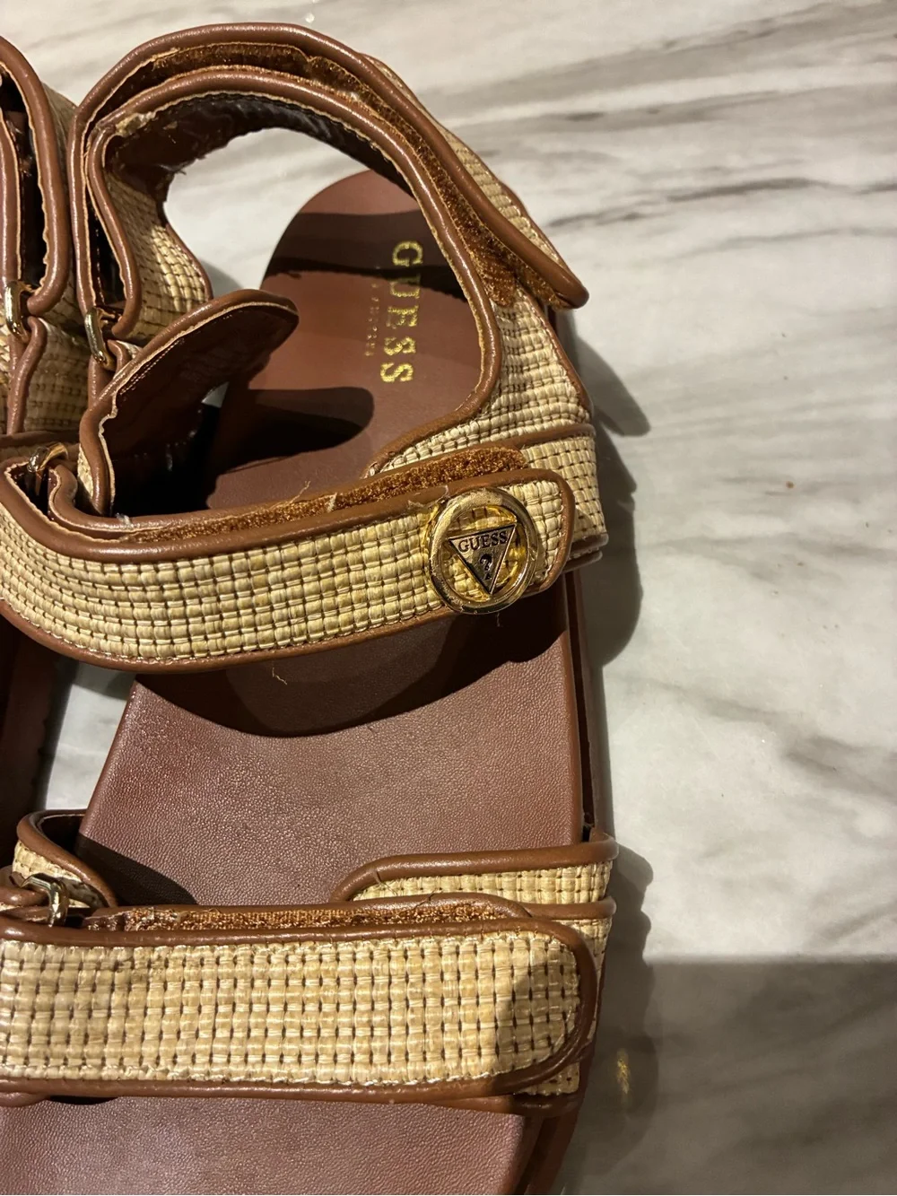 Guess Brown Sandal with Natural Woven Straps - Women